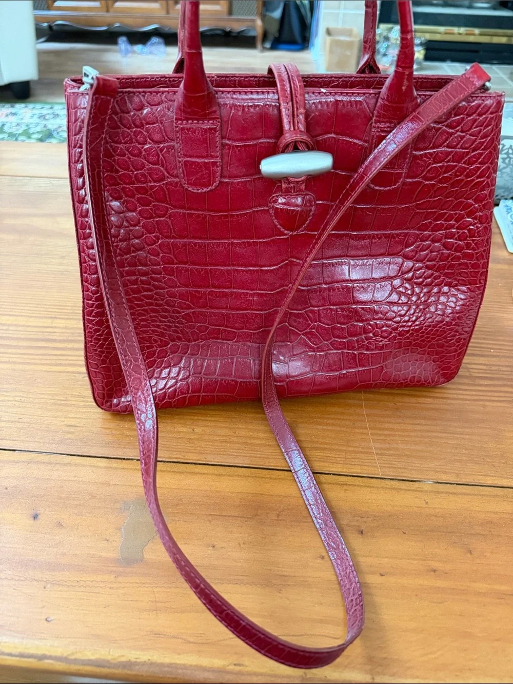 M. London Red Croc-Embossed Leather Satchel Handbag